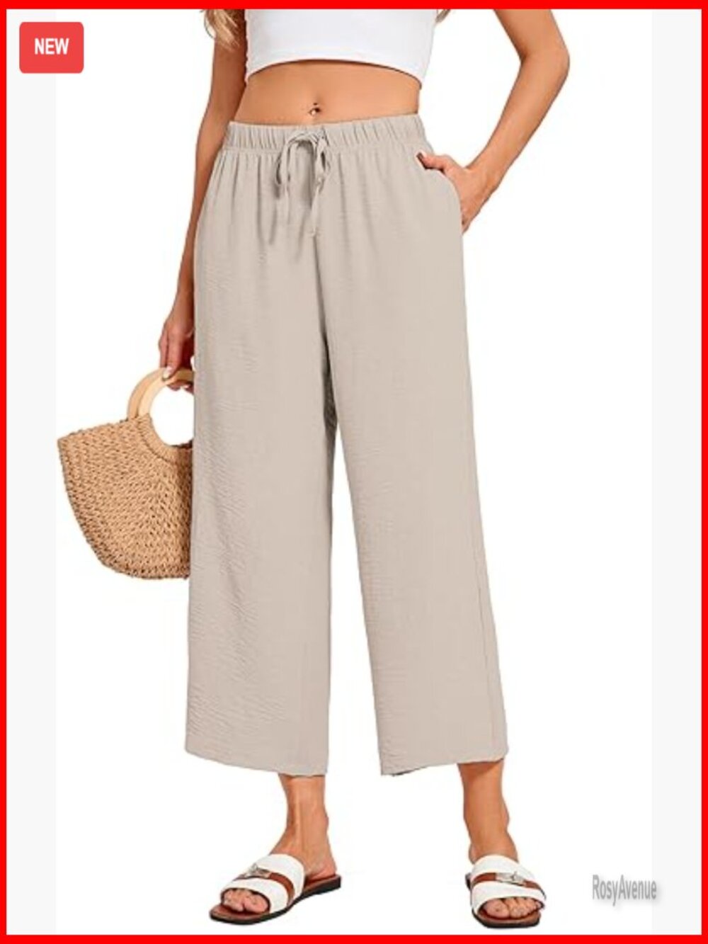Wide Leg Palazzo Pants Cropped Casual Beach Trousers with Pockets